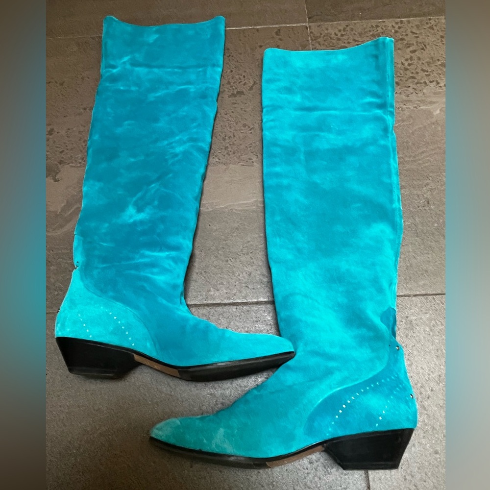 Vintage Neiman Marcus Teal Suede Knee Length Boots Size 37.5